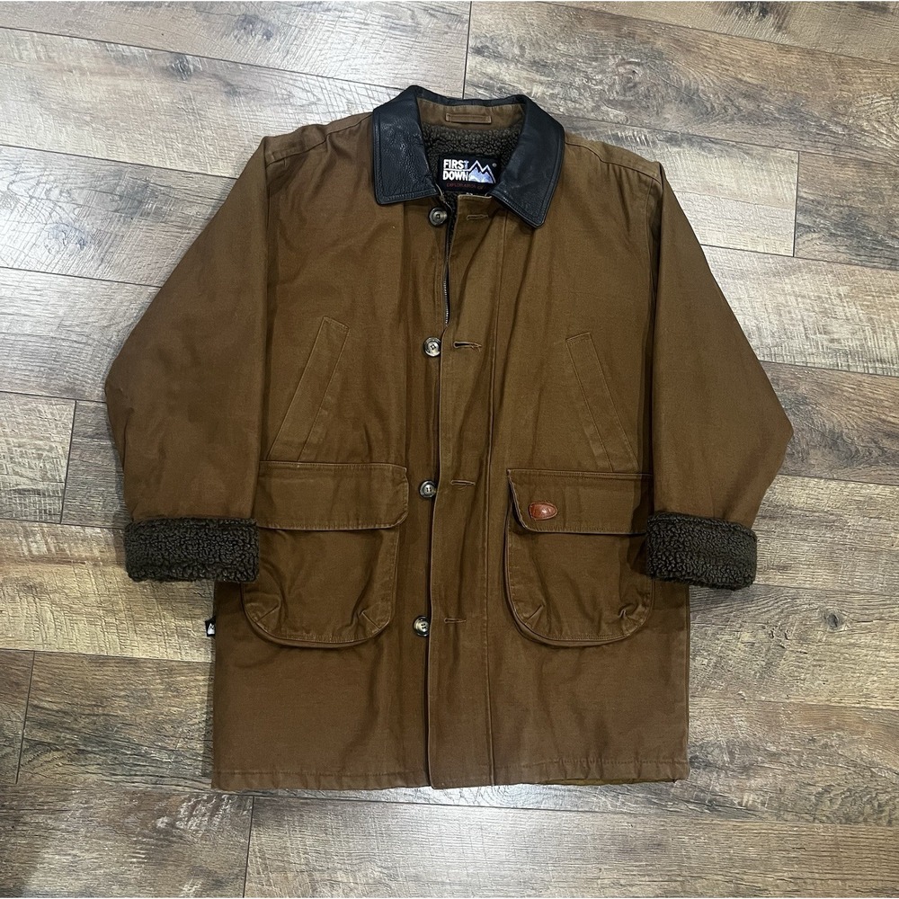 Vintage Canvas Barn Coat Sherpa Lined First Down Jacket Leather Collar Brown Med